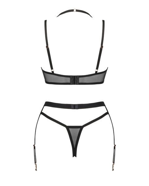 (SALE) Комплект білизни Obsessive Selinne 3-pcs set XS/S Black, бюстгальтер, стрінги пояс для панчіх SO8667 фото