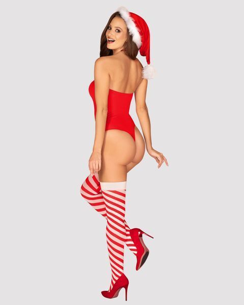 Тедді Obsessive Kissmas teddy, S/M, червоне, без бретелей, чокер, панчохи та шапка з помпоном у наборі SX1152 фото