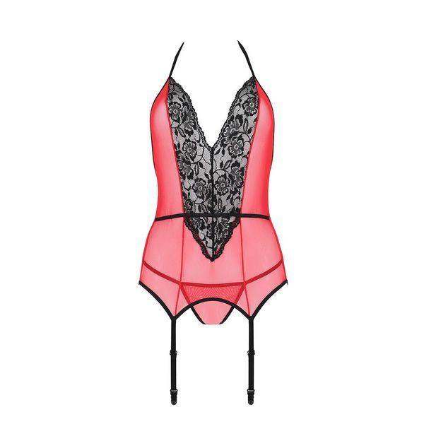 Корсет з пажами для панчіх Passion PEONIA CORSET S/M red, стрінги SO8464 фото