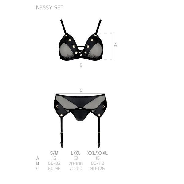 Комплект білизни Passion NESSY SET L/XL black, бюстгальтер, пояс для панчіх, стрінги SO8457 фото