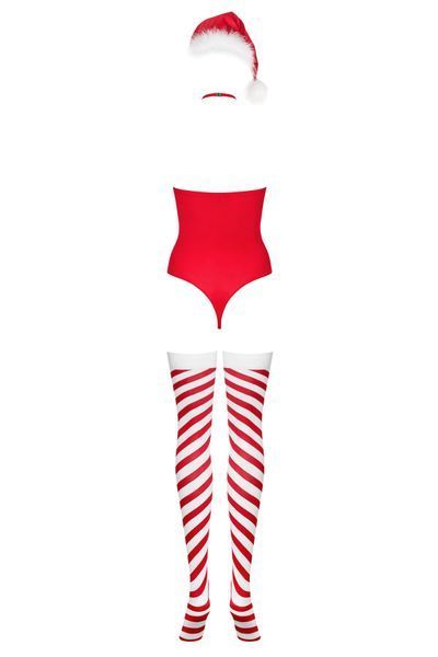 Тедді Obsessive Kissmas teddy, L/XL, червоне, без бретелей, чокер, панчохи та шапка з помпоном у наборі SX1153 фото
