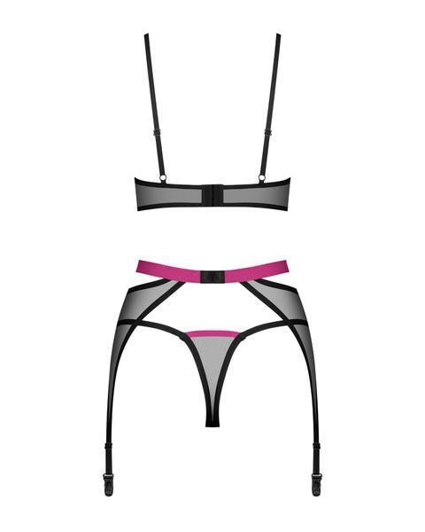 Комплект Obsessive Novenes 3-pcs set, M/L, прозорий ліф на кісточках, стрінги, пояс SX0617 фото