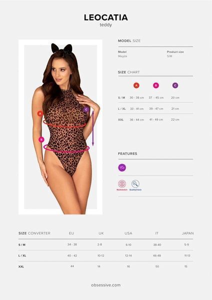 Еротичний костюм леопарда Obsessive Leocatia teddy XXL, боді, обруч з вушками SO7714 фото