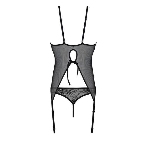 Корсет із пажами, трусики з ажурним декором та відкритим кроком Passion URSULA CORSET L/XL, black SO5835 фото