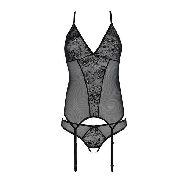 Корсет із пажами, трусики з ажурним декором та відкритим кроком Passion URSULA CORSET L/XL, black SO5835 фото