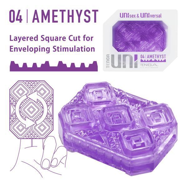 Унісекс-стимулятор Tenga UNI Amethyst, фіолетовий, візерунок у вигляді рельєфних квадратів, лубрикант у комплекті SO9808 фото