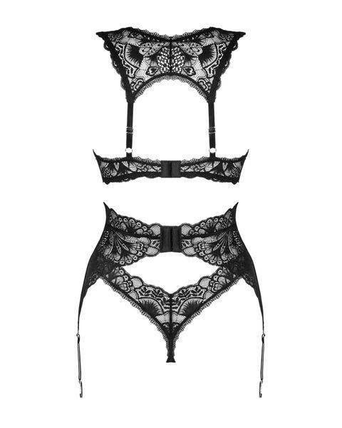 (SALE) Комплект білизни Obsessive Donna Dream 3-pcs set XS/S Black, бюстгальтер, стрінги, пояс для панчіх SO8636 фото