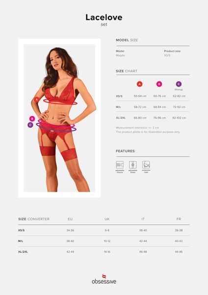Комплект білизни Obsessive Lacelove cupless 3pcs set XS/S Red, бюстгальтер, стрінги, пояс для панчіх SO8655 фото