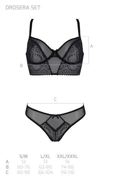 Комплект Passion DROSERA SET black S/M, сітка+мереживо, бюстьє та трусики танга SX0480 фото