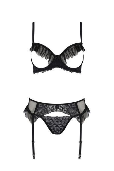 Комплект Passion KERRIA SET WITH OPEN BRA black, L/XL, бюстгальтер з відкритою чашкою, стрінги, пояс для панчіх SX0494 фото